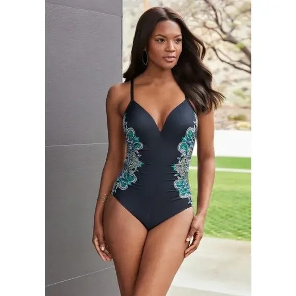 Miraclesuit Precioso Temptation DD Cup One-piece Swimsuit, Black Multicolor 14 - Picture 8 of 13